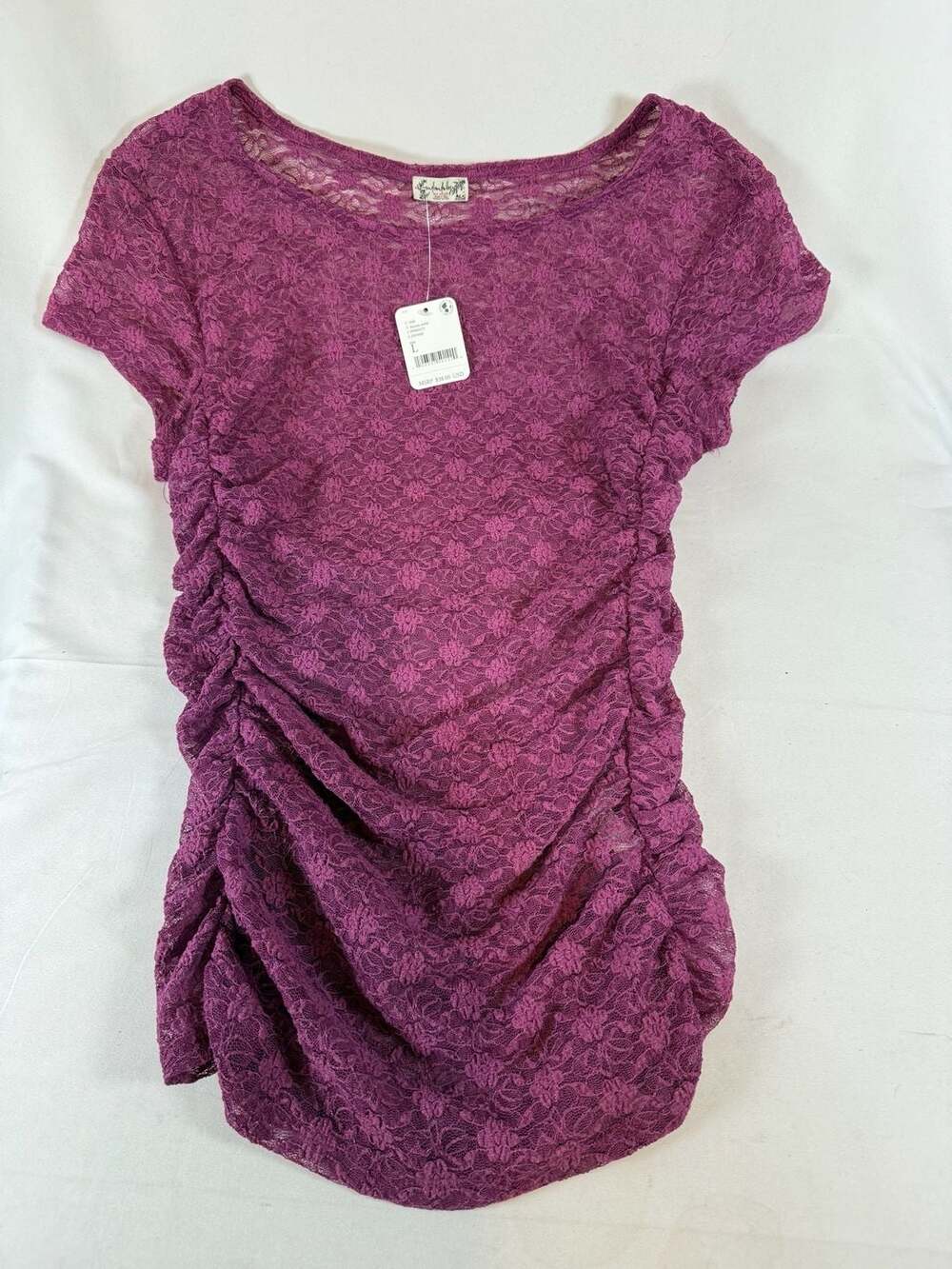 Free People Womens Keep It Simple Lace Tee Size L Purple Ruched Short Sleeve Cot